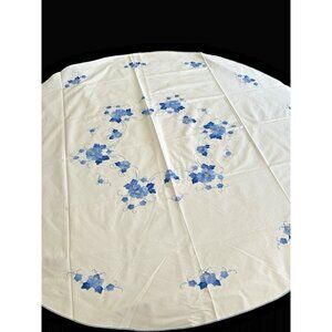 Vtg Round Woven Cotton Tablecloth Blue Intricate Appliqué Embroidery Flowers 68”
